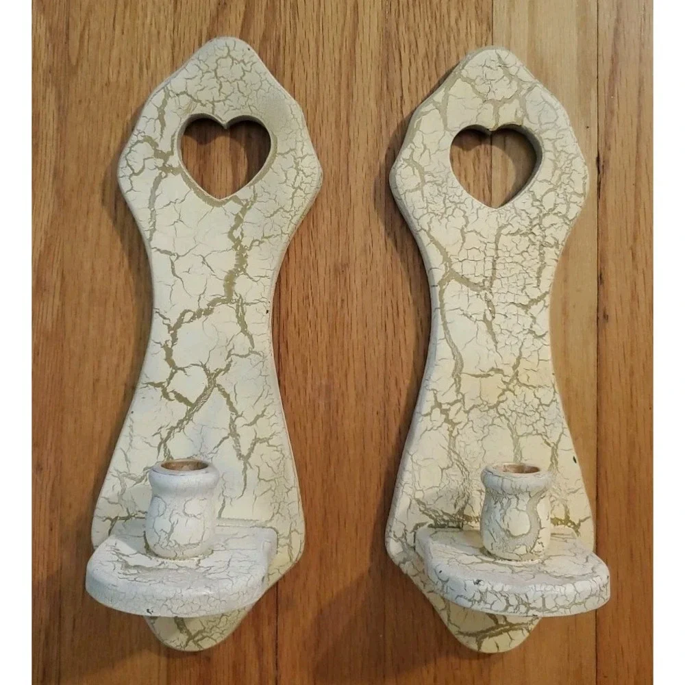 Vtg Set Wood Wall Shelf with Heart & Pegs Candle Holders Coat Hook Cottage MCM